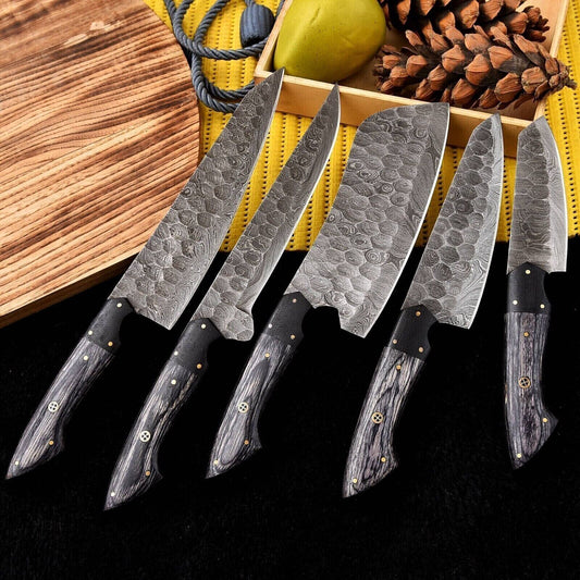 Custom Handmade Damascus Steel Chef Knife Set | 5 PCS Hand Forged Kitchen Knives
