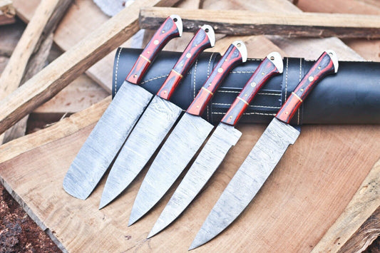 Custom Handmade Damascus Steel Chef Knife Set – 5 Pc Hand Forged Kitchen Knives