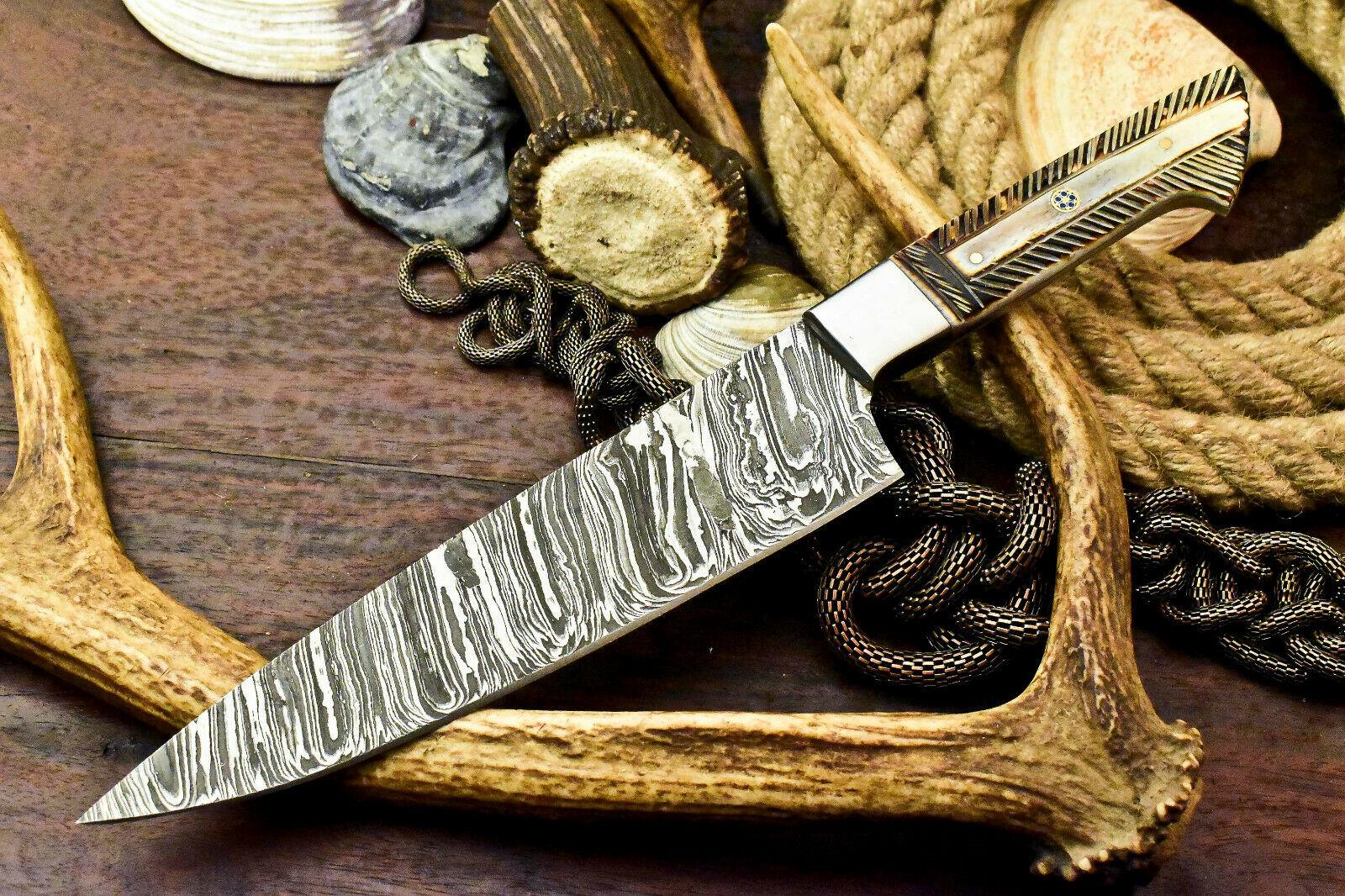 Custom Handmade Damascus Steel Chef Knife with Camel Bone Handle, Full Tang, 7.5-Inch Blade, 12.5-Inch Overall, 384-Layer Forged Damascus, Oil-Tempered 58-60 HRC