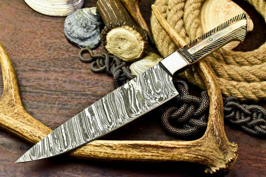 Custom Handmade Damascus Steel Chef Knife with Camel Bone Handle, Full Tang, 7.5-Inch Blade, 12.5-Inch Overall, 384-Layer Forged Damascus, Oil-Tempered 58-60 HRC