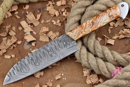 Custom Handmade Damascus Steel Chef Knife with Resin Handle & Leather Sheath