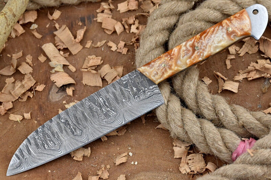 Custom Handmade Damascus Steel Chef Knife with Resin Handle & Leather Sheath