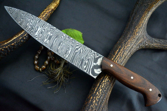 Custom Handmade Damascus Steel Chef Knife with Walnut Handle – 8.3" Ladder Pattern Blade, 512 Layers, 58-60 HRC