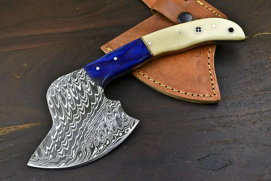 Custom Handmade Damascus Steel Cleaver Chopper Axe Knife – Fixed Blade with Camel Bone Handle
