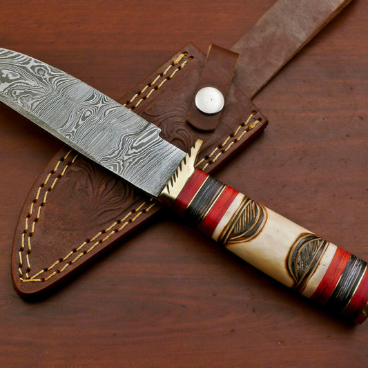 Custom Handmade Damascus Steel Engraved Burn Camel Bone Bowie Hunting Knife | Pakka Wood Handle