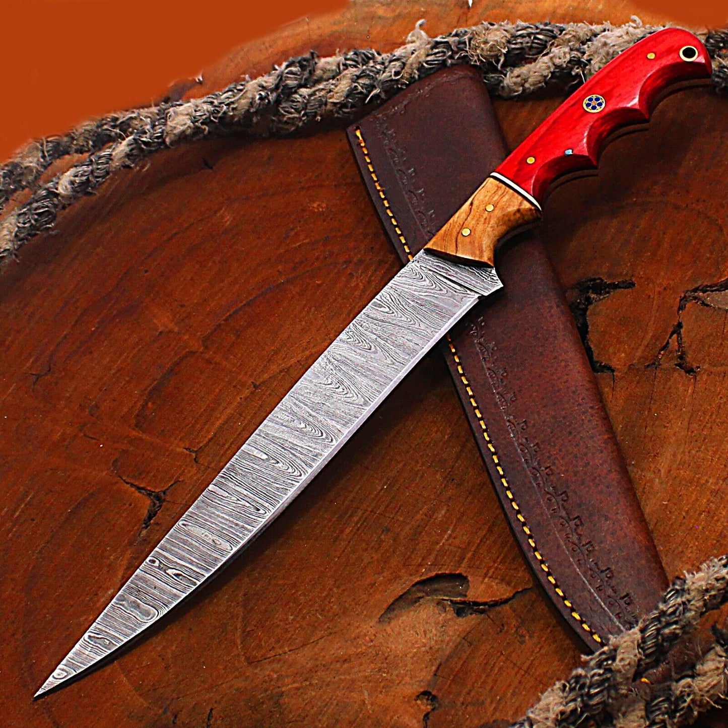 Custom Handmade Damascus Steel Fillet Chef Brisket Kitchen Hunting Knife with Leather Sheath