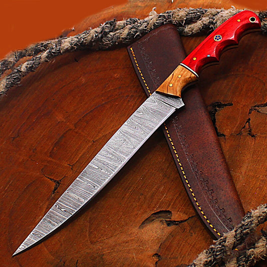 Custom Handmade Damascus Steel Fillet Chef Brisket Kitchen Hunting Knife with Leather Sheath