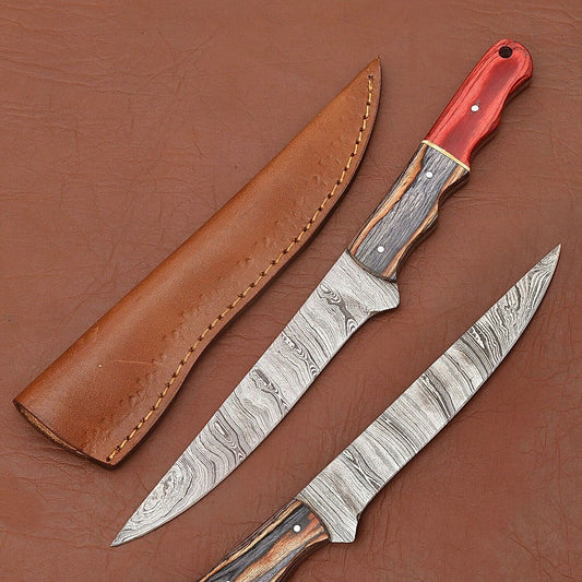 Custom Handmade Damascus Steel Fillet Knife – Kitchen Chef Knife with Wood Handle & Leather Sheath