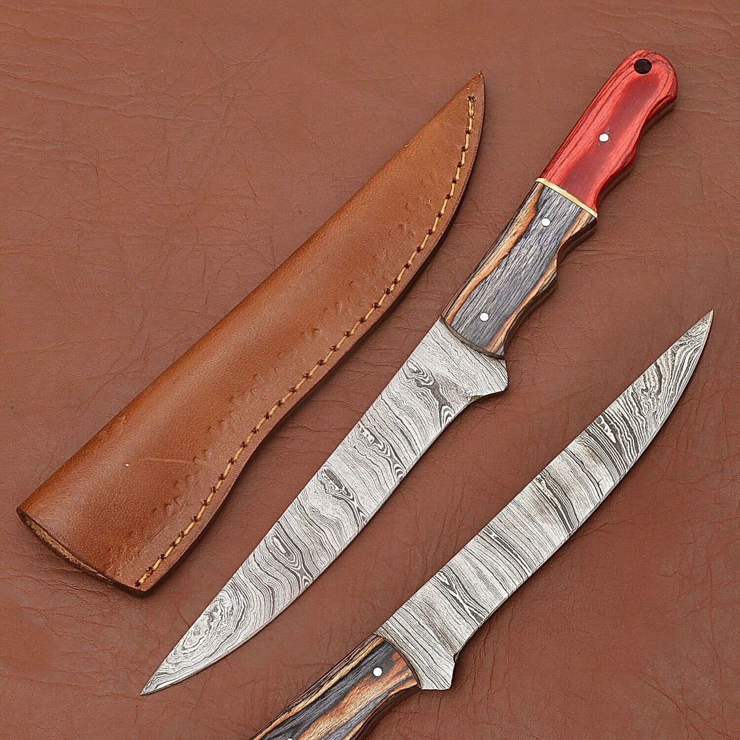 Custom Handmade Damascus Steel Fillet Knife – Kitchen Chef Knife with Wood Handle & Leather Sheath