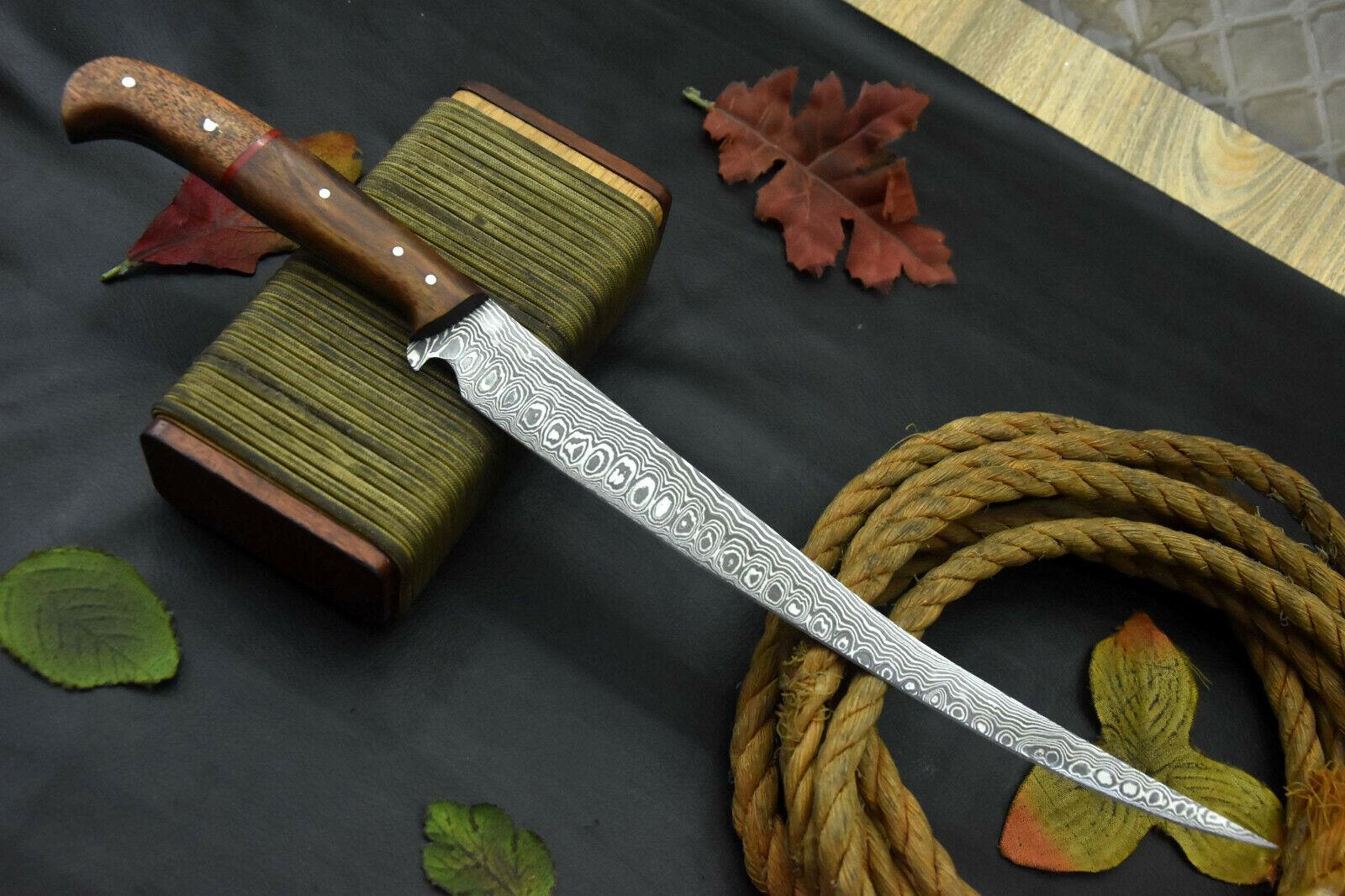 Custom Handmade Damascus Steel Fillet Knife With Walnut Handle & Leather Sheath