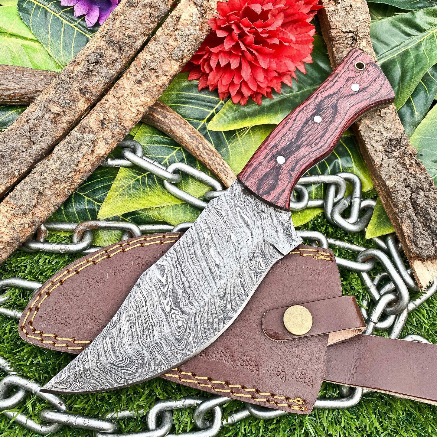 Custom Handmade Damascus Steel Full Tang Tracker Hunting Knife with Wood Handle & Leather Sheath – EDC Fixed Blade