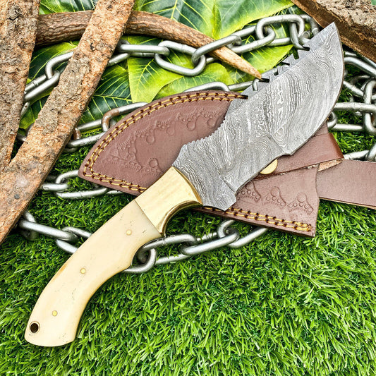 Custom Handmade Damascus Steel Full Tang Tracker Knife – Camel Bone Handle, Brass Bolsters & Leather Sheath