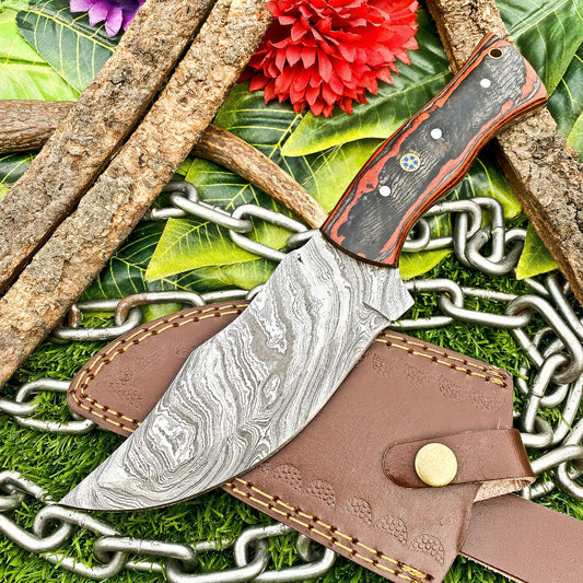 Custom Handmade Damascus Steel Full Tang Tracker Knife – Hardwood Handle, Brass Bolsters & Leather Sheath