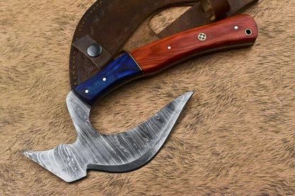 Custom Handmade Damascus Steel Hard Wood Hunting Clever Chopper Axe Knife with Leather Sheath