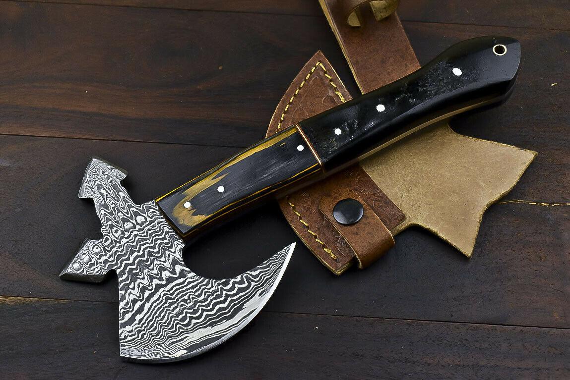 Custom Handmade Damascus Steel Hunting Axe Knife Ram's Horn Handle Clever Chopper with Leather Sheath