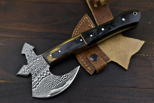 Custom Handmade Damascus Steel Hunting Axe Knife Ram's Horn Handle Clever Chopper with Leather Sheath