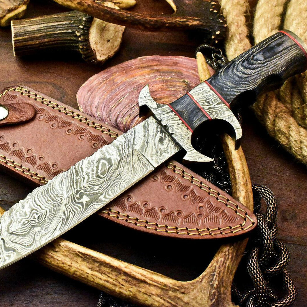 Custom Handmade Damascus Steel Hunting Bowie Knife | Hard Wood Handle, 13.5" Blade