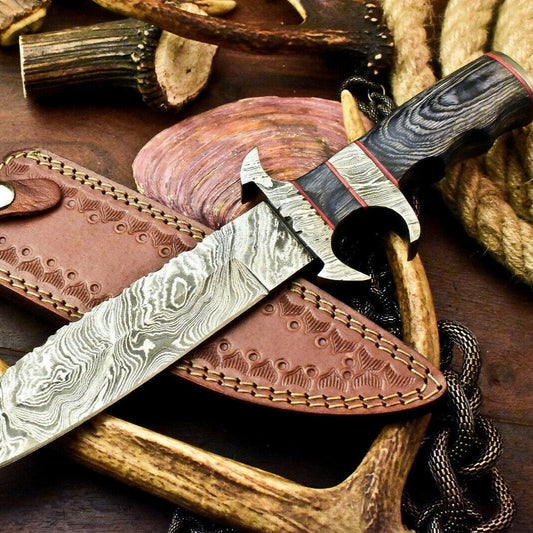 Custom Handmade Damascus Steel Hunting Bowie Knife | Hard Wood Handle, 13.5" Blade