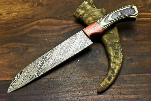 Custom Handmade Damascus Steel Hunting Chef Knife – 12.5" Blade with Hardwood Handle
