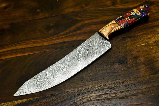 Custom Handmade Damascus Steel Hunting Chef Knife – Olive Wood Handle, 11.6"