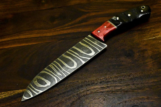 Custom Handmade Damascus Steel Hunting Chef Knife – Ram's Horn Handle, 11"