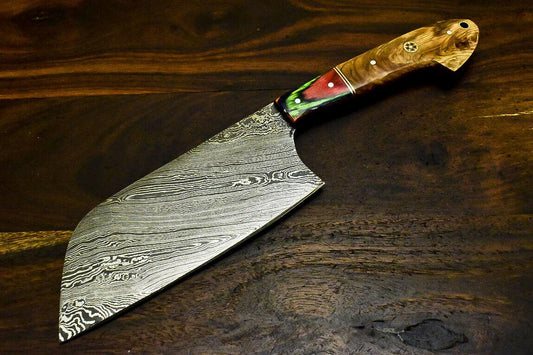 Custom Handmade Damascus Steel Hunting & Chef Knife with Olive Wood Handle, 6.2-Inch Blade, 11.2-Inch Overall