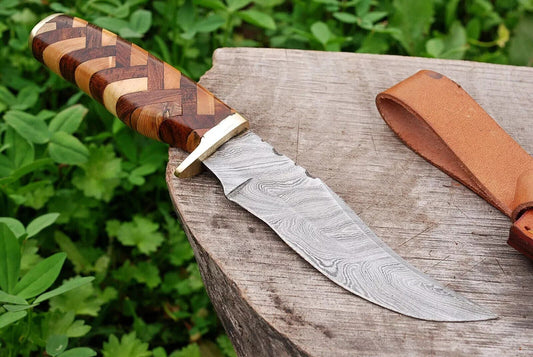 Custom Handmade Damascus Steel Hunting Knife | Wood Handle | Fixed Blade Skinner Knife with Sheath

