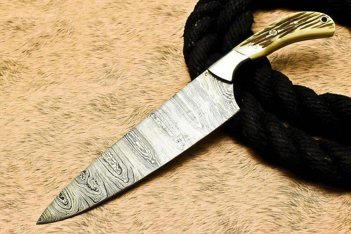 Custom Handmade Damascus Steel Hunting Knife with 7.5-Inch Blade | Stag Antler Handle