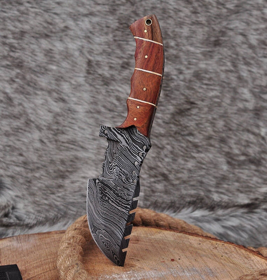 Custom Handmade Damascus Steel Hunting Tracker Knife – 10" Full Tang Bushcraft Outdoor Knife with Leather Sheath