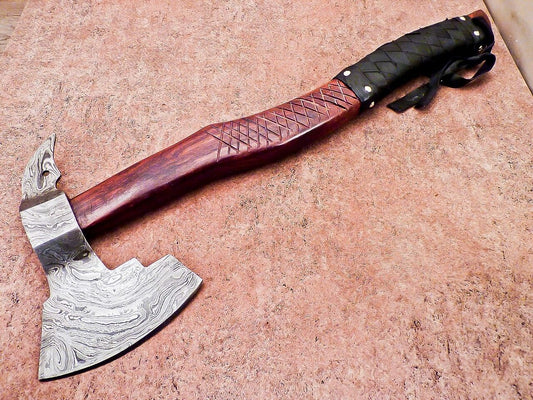 Custom Handmade Damascus Steel Integral Axe 22-Inch with Natural Wood Handle and Leather Sheath