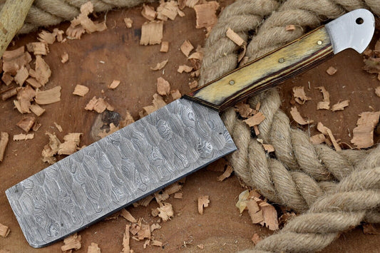 Custom Handmade Damascus Steel Kitchen Chef Cleaver Knife with Leather Sheath