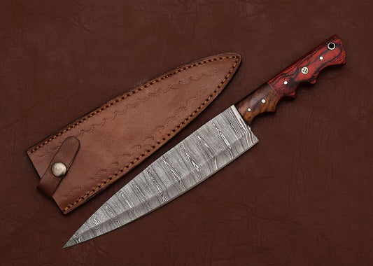 Custom Handmade Damascus Steel Kitchen Chef Fillet Knife with Pakka Wood Handle & Leather Sheath