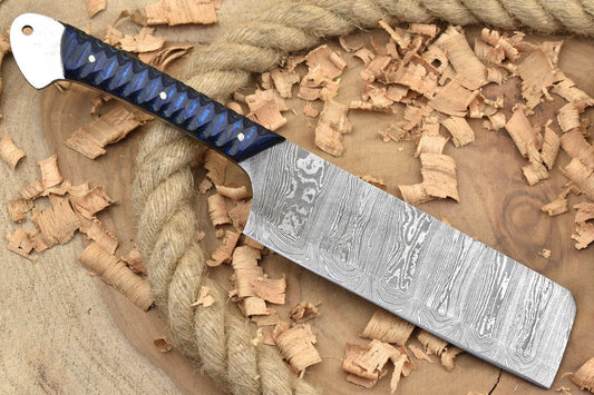 Custom Handmade Damascus Steel Kitchen Chef Knife – Blue Dollar Cleaver with Sturl Open Tang Handle