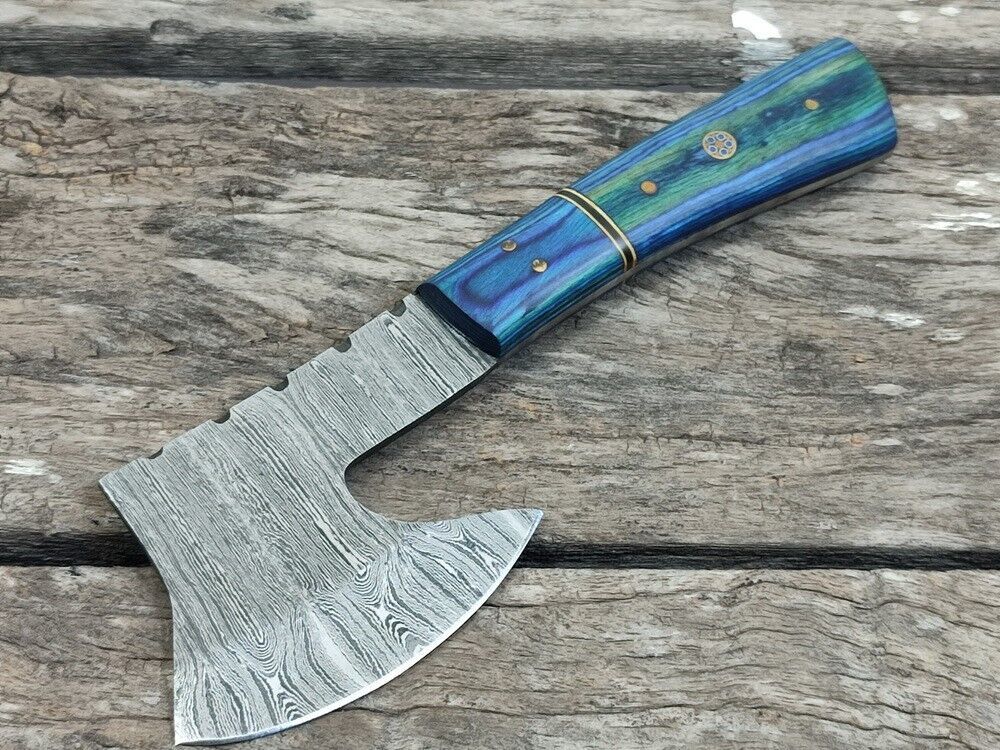 Custom Handmade Damascus Steel Mini Axe Hunting Skinner Knife – 7.7 Inch Stain Wood Handle Damascus Axe with Sheath