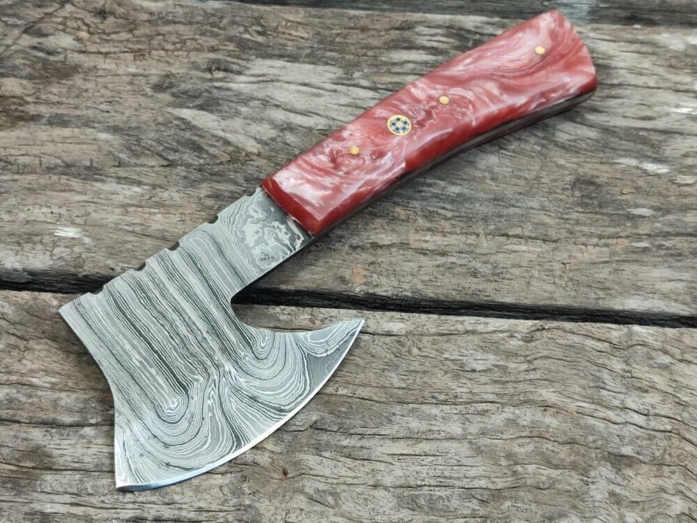 Custom Handmade Damascus Steel Mini Axe Skinner Knife – 7.7 Inch Resin Handle Damascus Axe with Sheath
