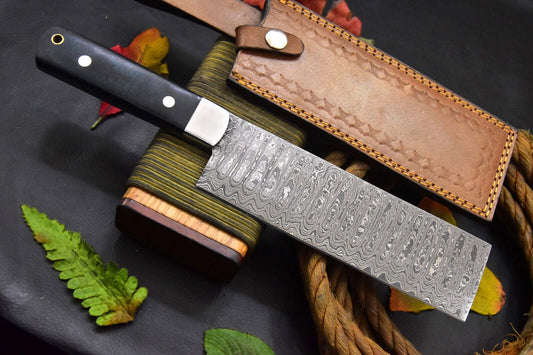 Custom Handmade Damascus Steel Nakiri Chef Knife with G-10 Micarta Handle – 11.4" Full Tang