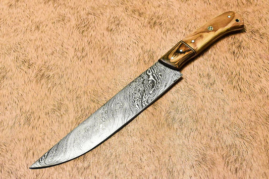 Custom Handmade Damascus Steel Olive Wood Hunting Chef Knife – 13" Full Tang