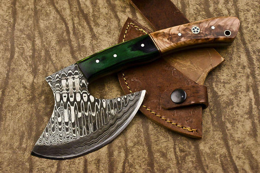 Custom Handmade Damascus Steel Olive Wood Hunting Clever Chopper Axe Knife with Leather Sheath
