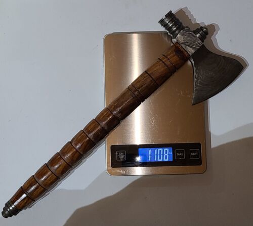 Custom Handmade Damascus Steel Peace Pipe Tomahawk Hatchet Axe with Wood Handle and Leather Sheath