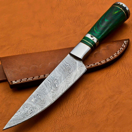 Custom Handmade Damascus Steel Skinner & Chef Knife – Pakka Wood Handle with Leather Sheath