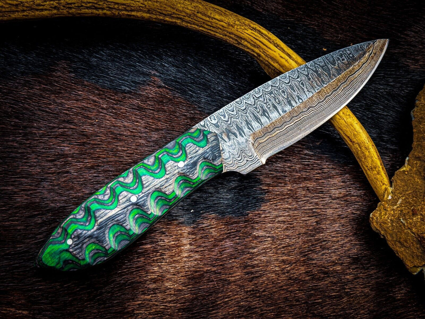 Custom Handmade Damascus Steel Skinner Knife with Wood Handle and Leather Sheath