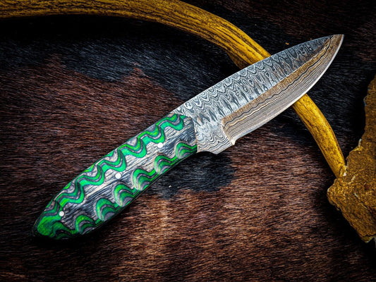 Custom Handmade Damascus Steel Skinner Knife with Wood Handle and Leather Sheath