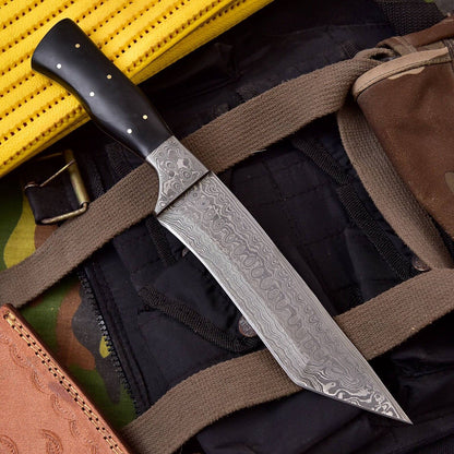 Custom Handmade Damascus Steel Tanto Knife – Hunting Fixed Blade with Leather Sheath
