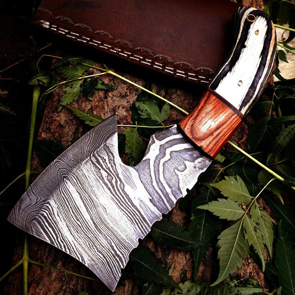 Custom Handmade Damascus Steel Throwing Axe – 8 Inch Viking Style Small Damascus Axe with Leather Sheath