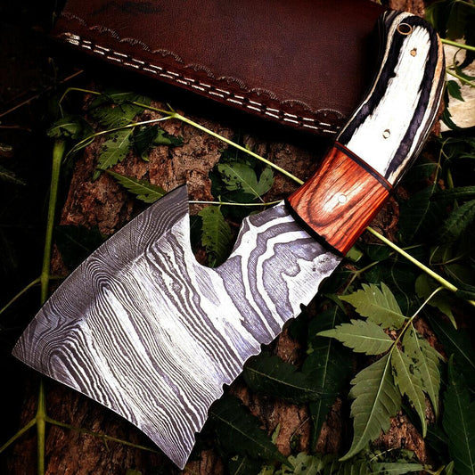 Custom Handmade Damascus Steel Throwing Axe – 8 Inch Viking Style Small Damascus Axe with Leather Sheath