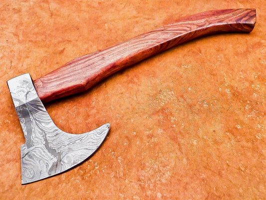 Custom Handmade Damascus Steel Tomahawk Axe with Natural Wood Handle and Leather Sheath