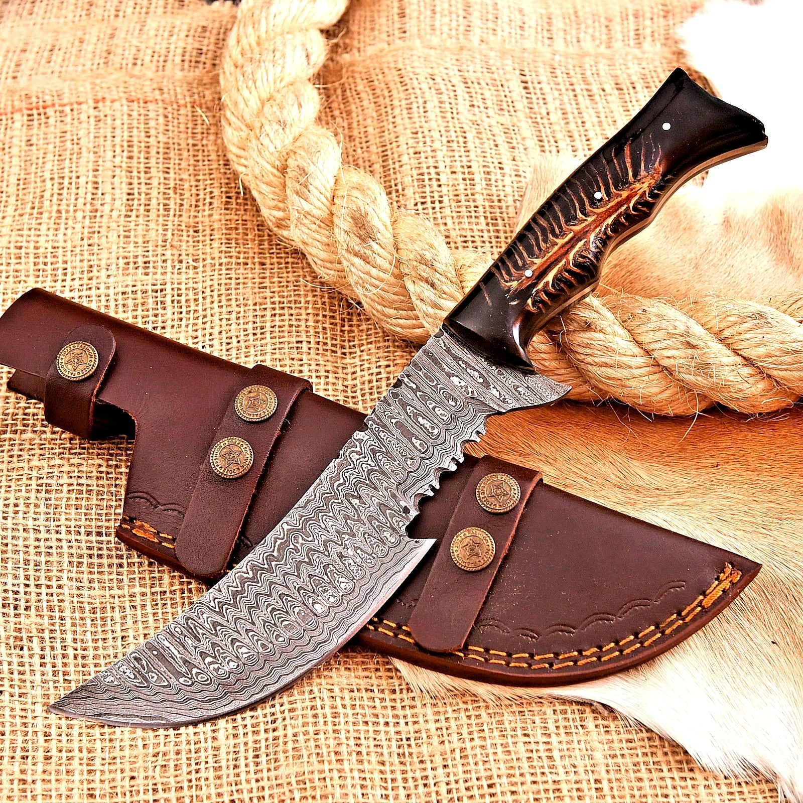 Custom Handmade Damascus Steel Tracker Hunting Knife – 12.5" EDC with Resin Handle & Leather Sheath