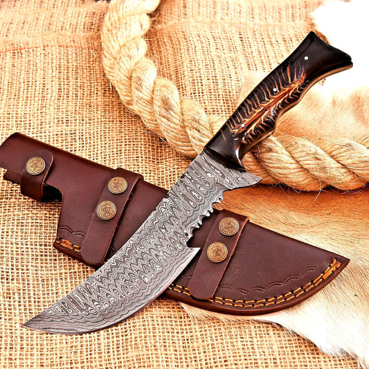 Custom Handmade Damascus Steel Tracker Hunting Knife – 12.5" EDC with Resin Handle & Leather Sheath