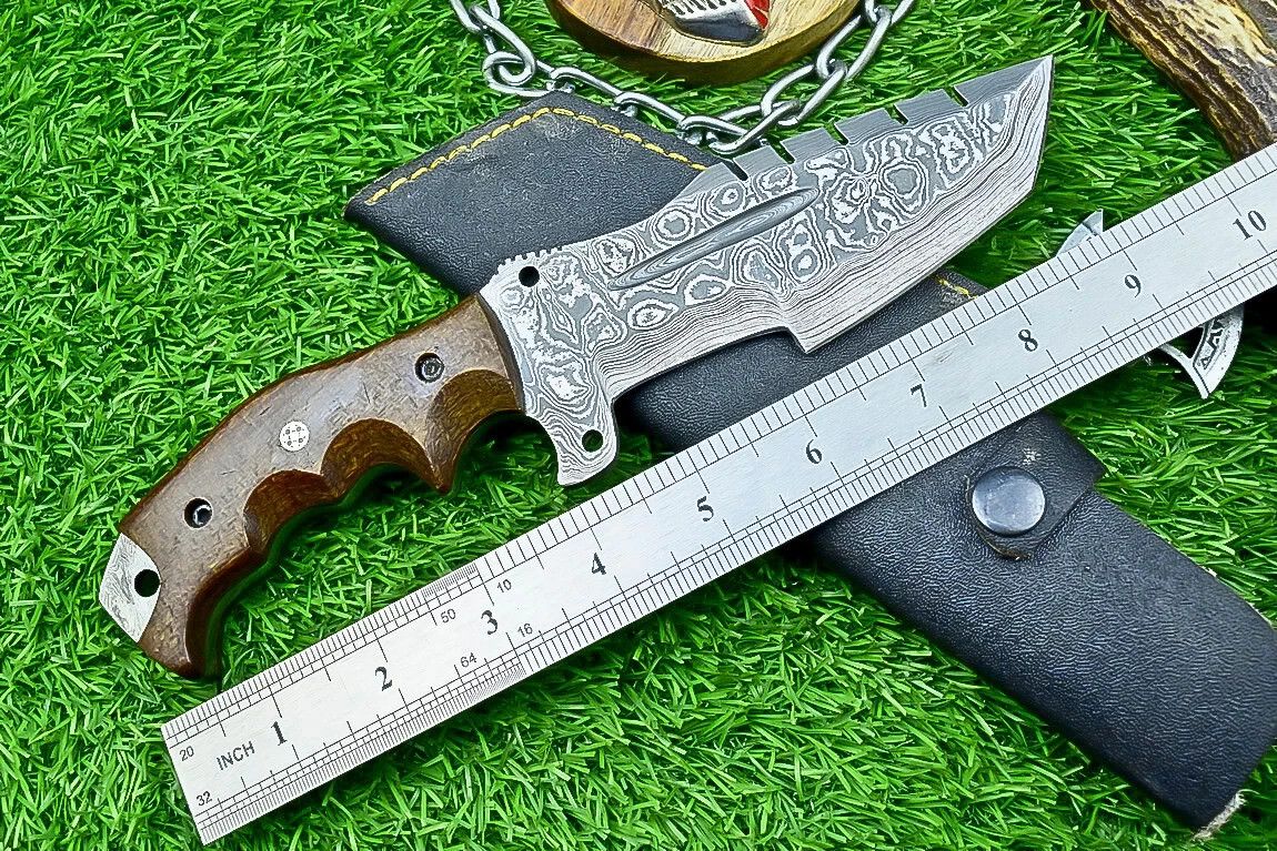 Custom Handmade Damascus Steel Tracker Hunting Knife – 9" Forged Blade with Micarta Handle & Leather Sheath