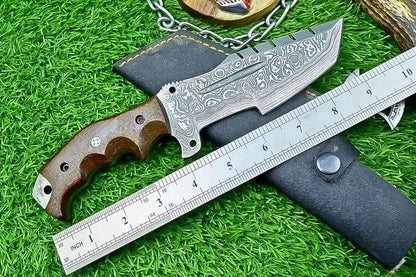 Custom Handmade Damascus Steel Tracker Hunting Knife – 9" Forged Blade with Micarta Handle & Leather Sheath